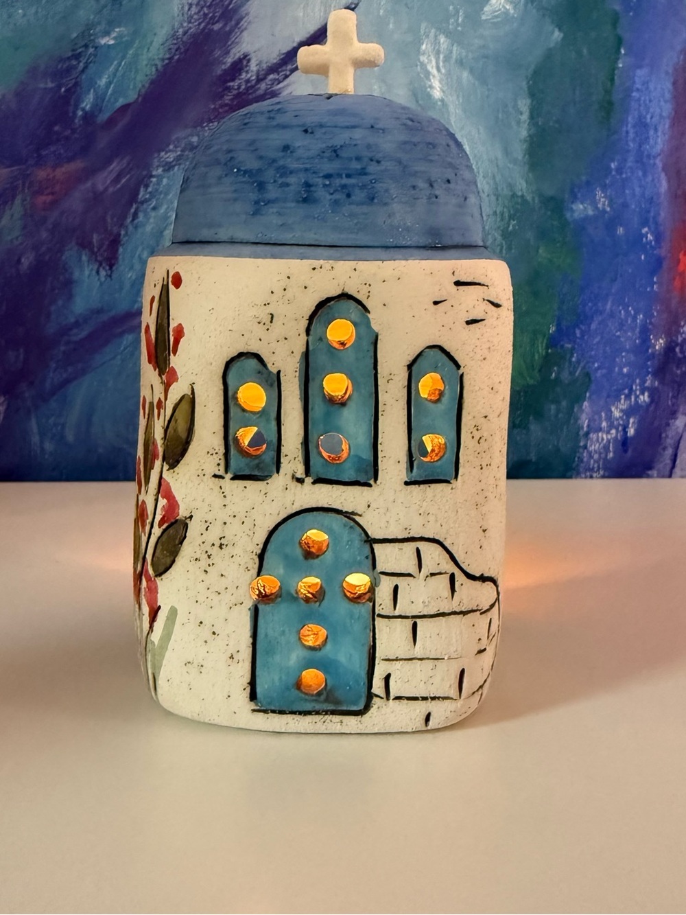 Greek Church Ceramic Candle Holder signed Melody Tea Light Handmade